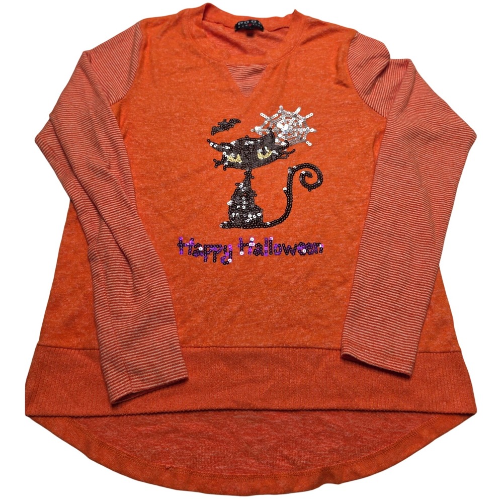 Poof New York Womens Orange Sequin Black Cat Happy Halloween Top Small 224176
